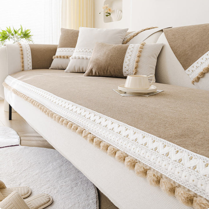 Brown corduroy sofa cover on a modern couch, showcasing its all-season and home decor appeal.