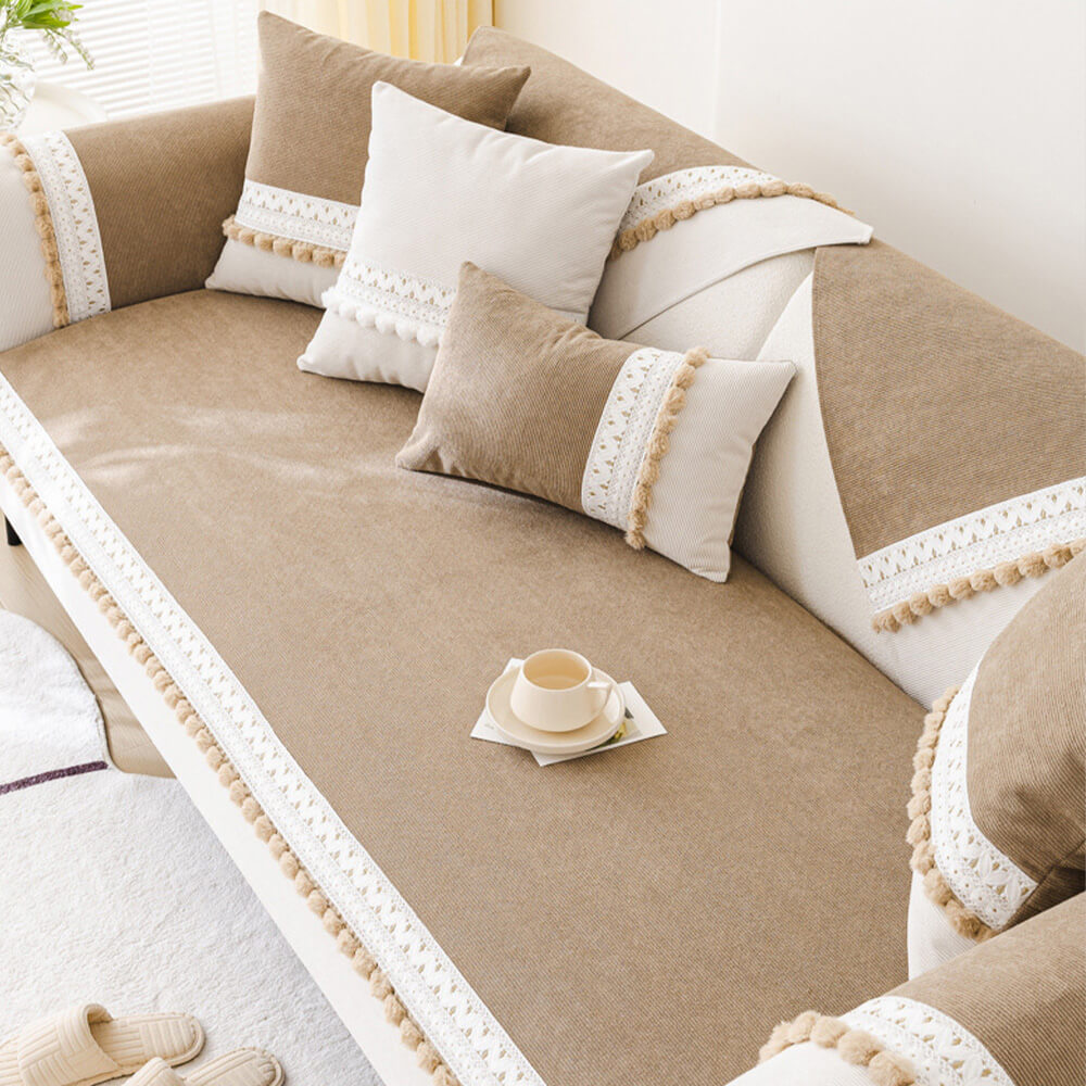 Gray corduroy sofa protector for a three-seater, non-slip, all-season home decor.