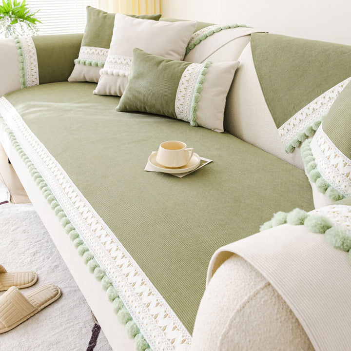 Detail shot of the non-slip backing on an all-season corduroy couch cover.