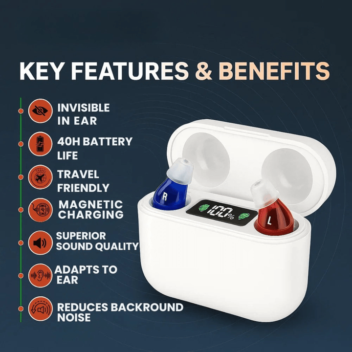 Rechargeable in-ear hearing aids providing long-lasting, clear sound & discreet auditory support system.