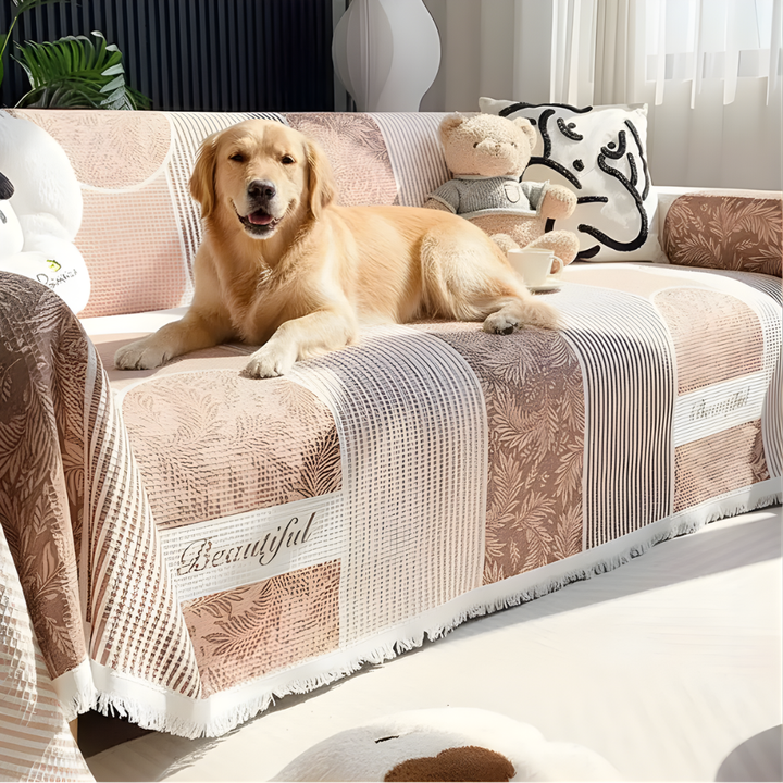 New4 waffle textured sofa slipcover in neutral, non-slip furniture protector for living room and pet-friendly homes.
