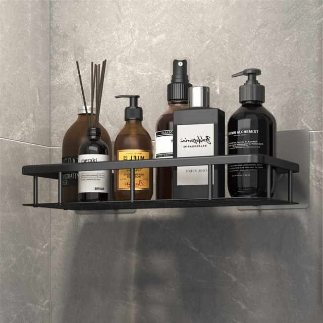 Two black metal no-drill bathroom shelves, showcasing versatile shower storage options.