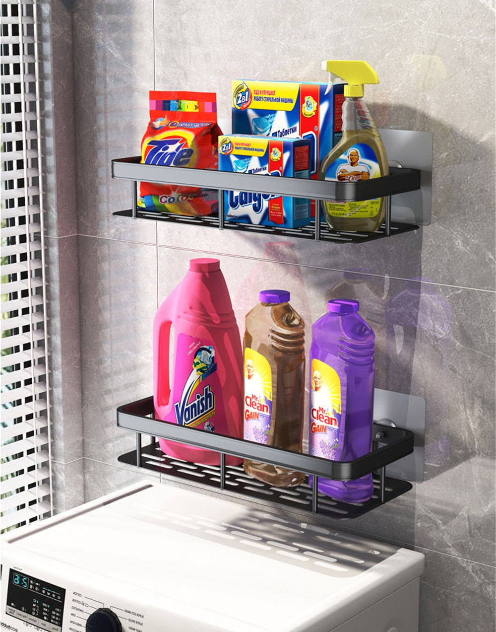 Corner view of a no-drill metal bathroom shelf, showing its sturdy construction.