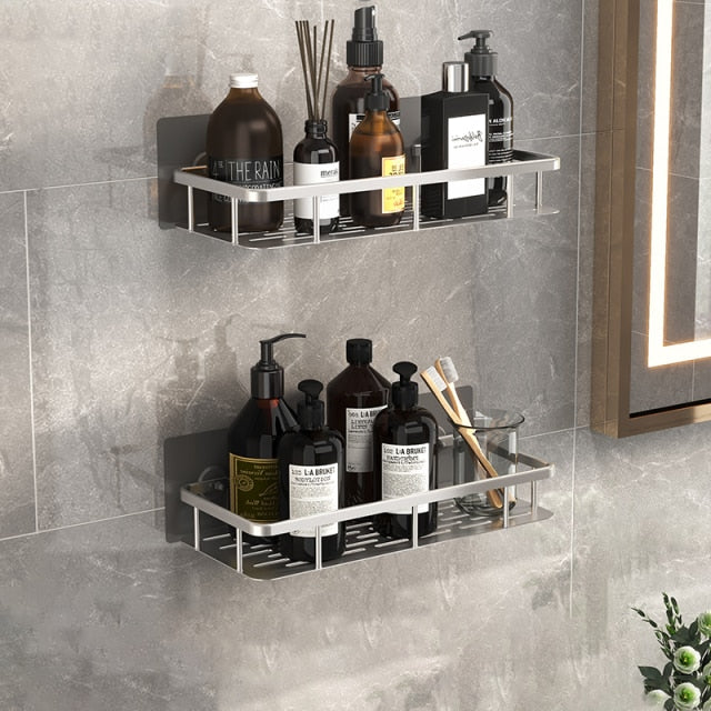 Functional no-drill metal bathroom shelf for shampoo, conditioner, and other shower essentials.