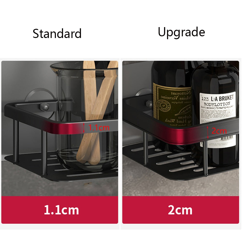 Easy-install black metal bathroom storage shelf, features super strong suction cup adhesion.