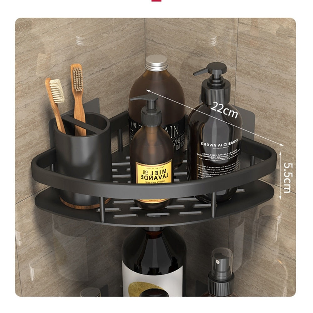 Contemporary metal bathroom shelf, suction cup mounted, provides ample space for shower items.
