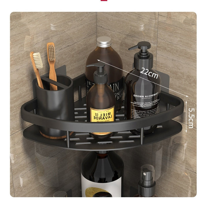 Contemporary metal bathroom shelf, suction cup mounted, provides ample space for shower items.