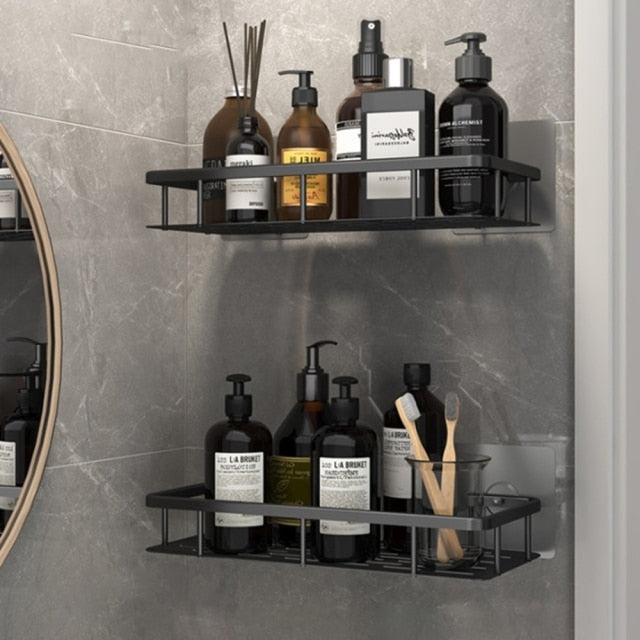 Versatile no-drill metal wall shelf, ideal for organizing toiletries in any bathroom.