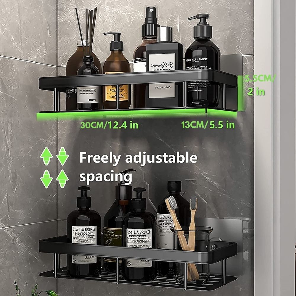 Detail of the rust-resistant black metal finish on a suction cup bathroom shelf.