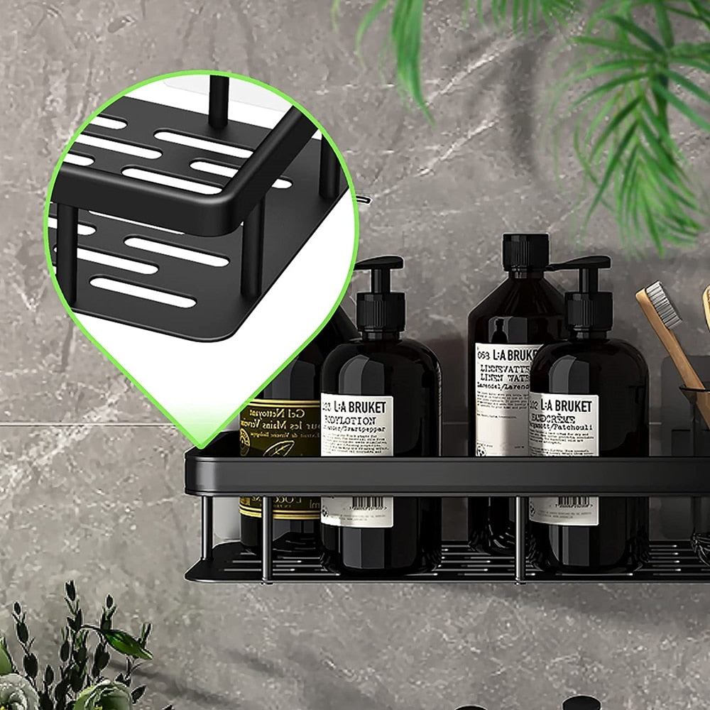 Bathroom shelving solution: no-drill metal caddy with extra-strong suction cups for reliability.