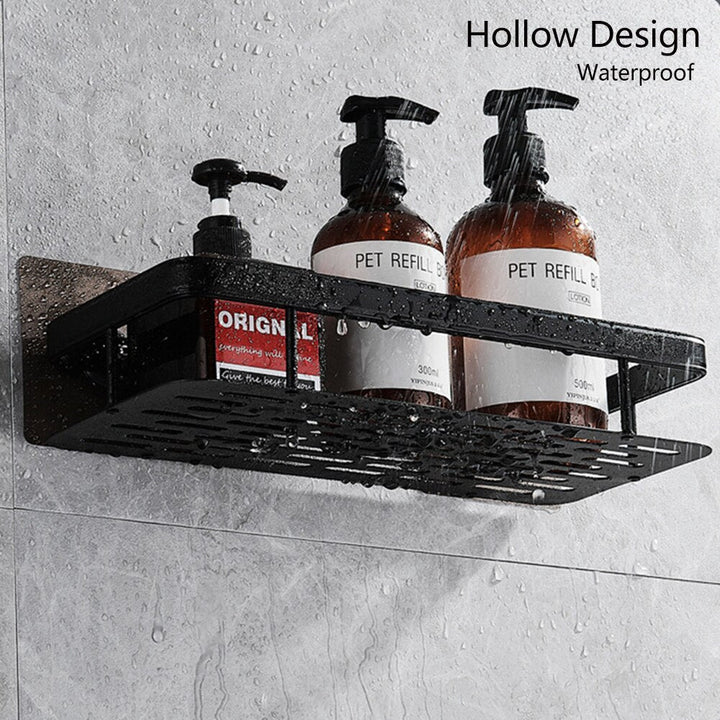 Sleek black metal shower organizer shelf, installable without drilling, holds toiletries securely.