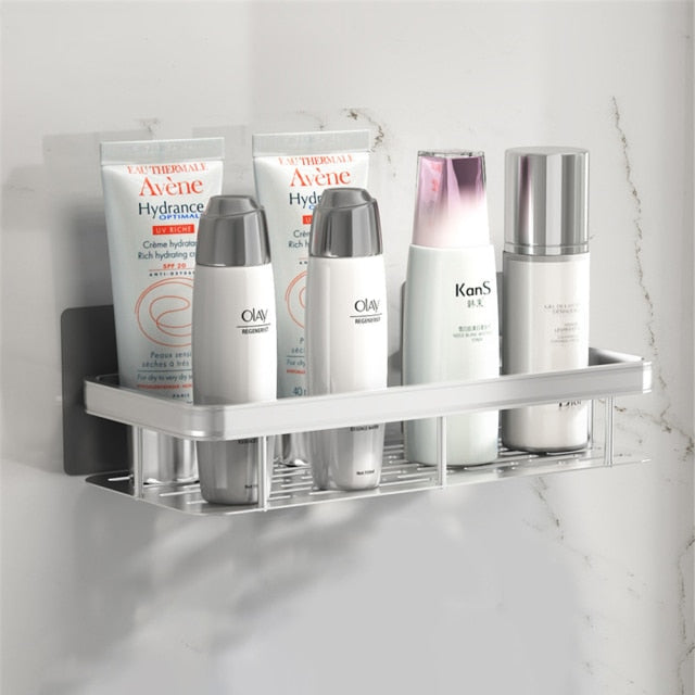 Organizer shelf for shower, black metal finish, quick setup with powerful suction cup technology.