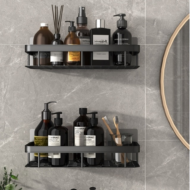 Bathroom decor: stylish no-drill metal shelf, ideal for holding soaps and shampoos.