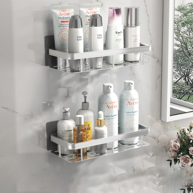 Home organization solution: metal shower caddy with robust suction cups, no tools needed.