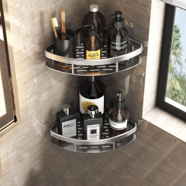 Close-up of the strong suction cup mechanism on a no-drill metal bathroom shelf.