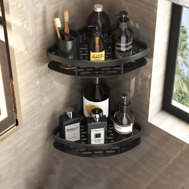 Elegant black metal no-drill bathroom shelf, perfect for small spaces and toiletries.