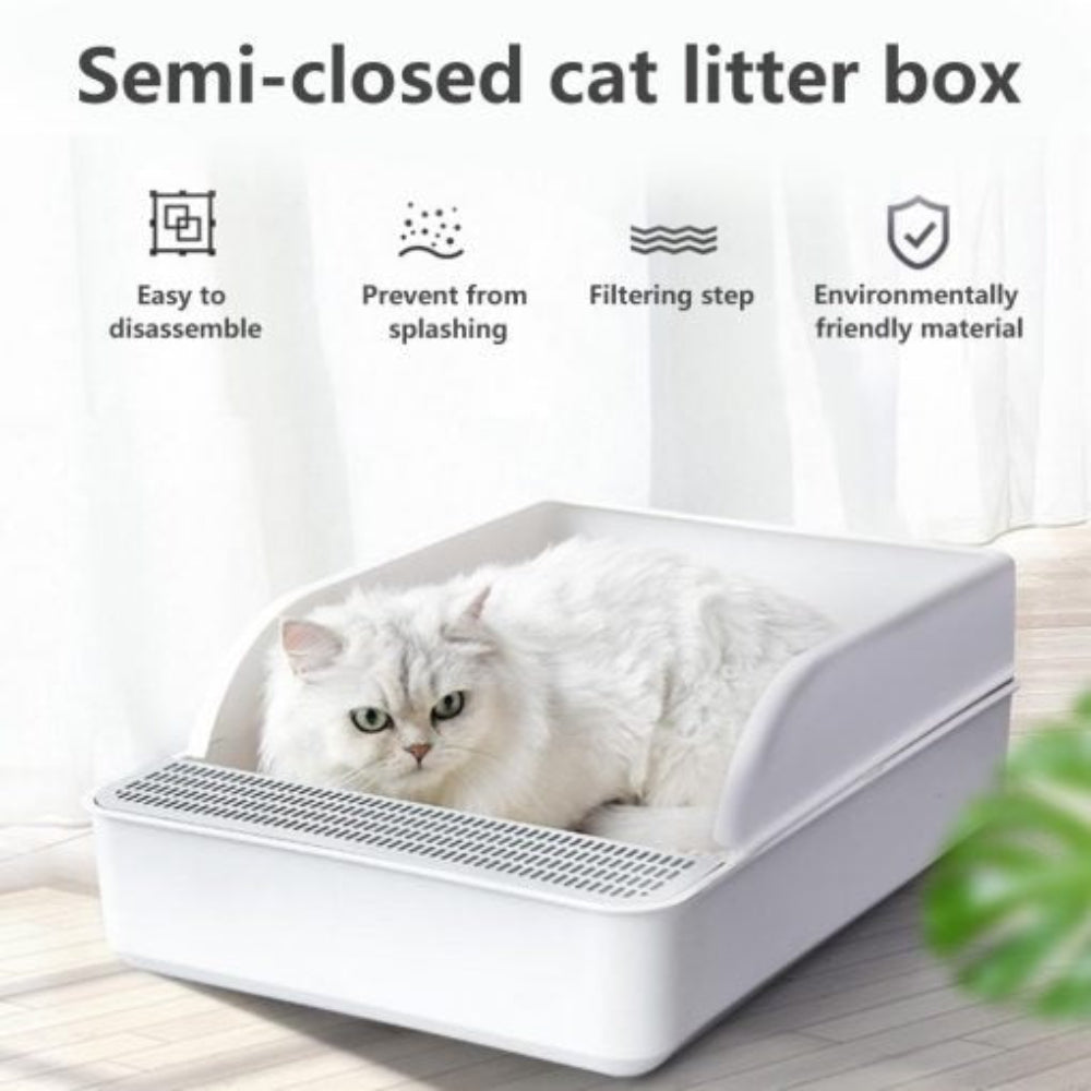 No mess cat litter tray with high walls, grey, showing depth for splash prevention, easy clean pet hygiene.