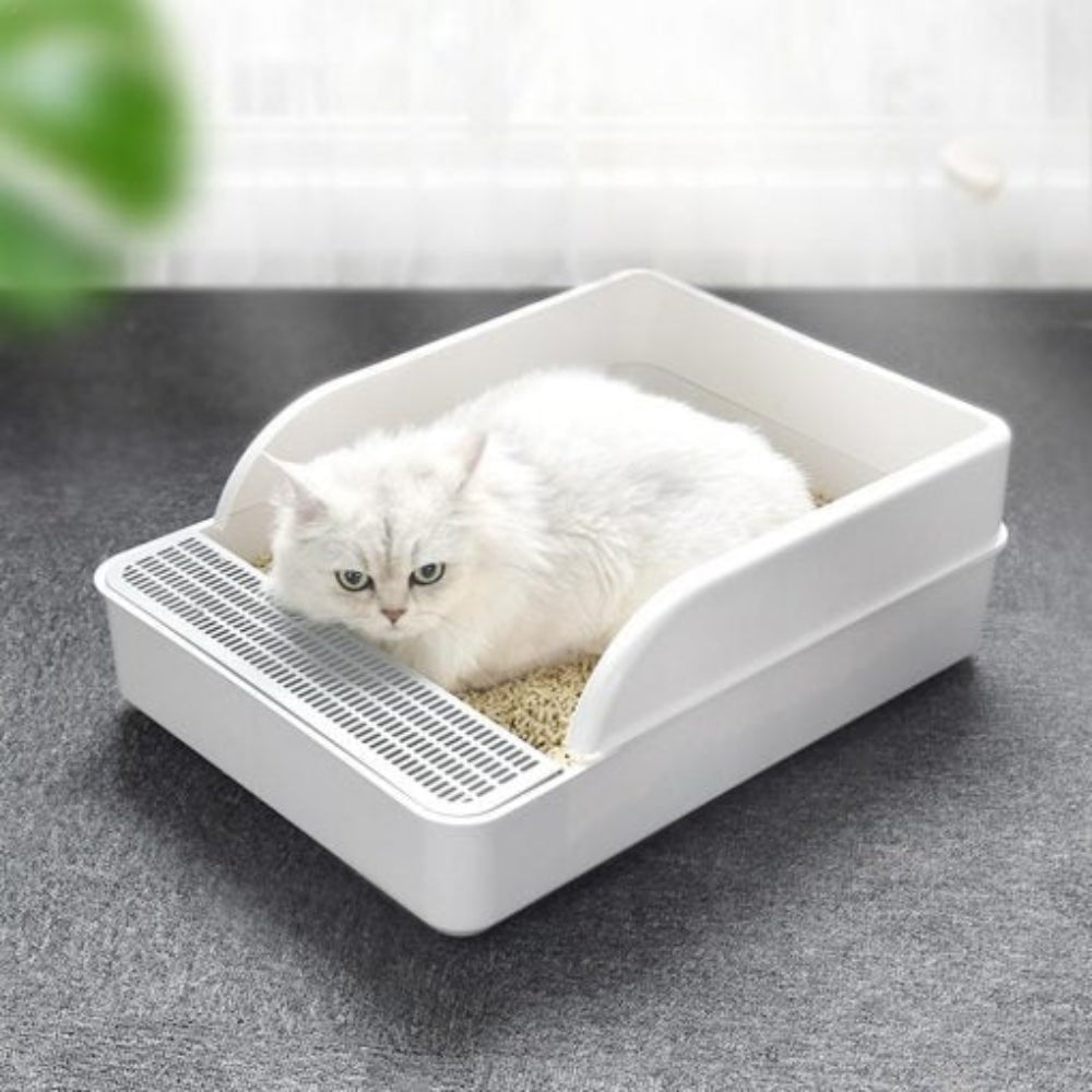 Grey no mess cat litter tray, robust and easy to clean, essential pet accessory for feline hygiene.