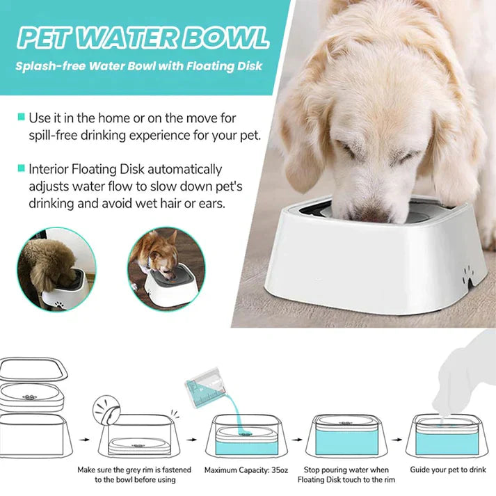 Dog water bowl, no-spill, keeps floors dry, perfect for car travel