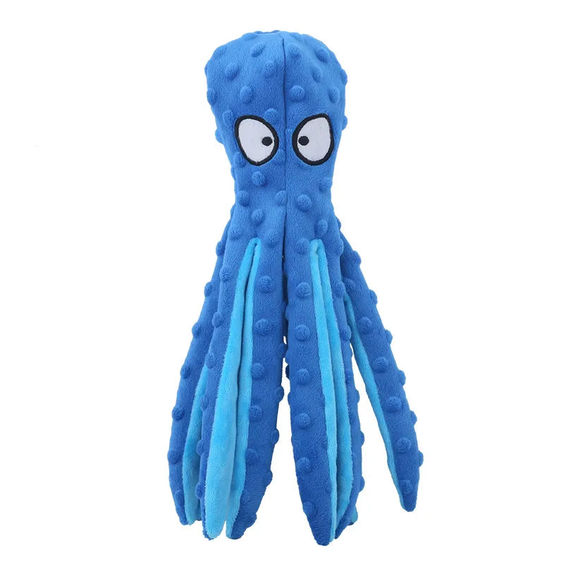 No stuffing octopus squeaky dog toy in purple, crinkles for pet enrichment and play.