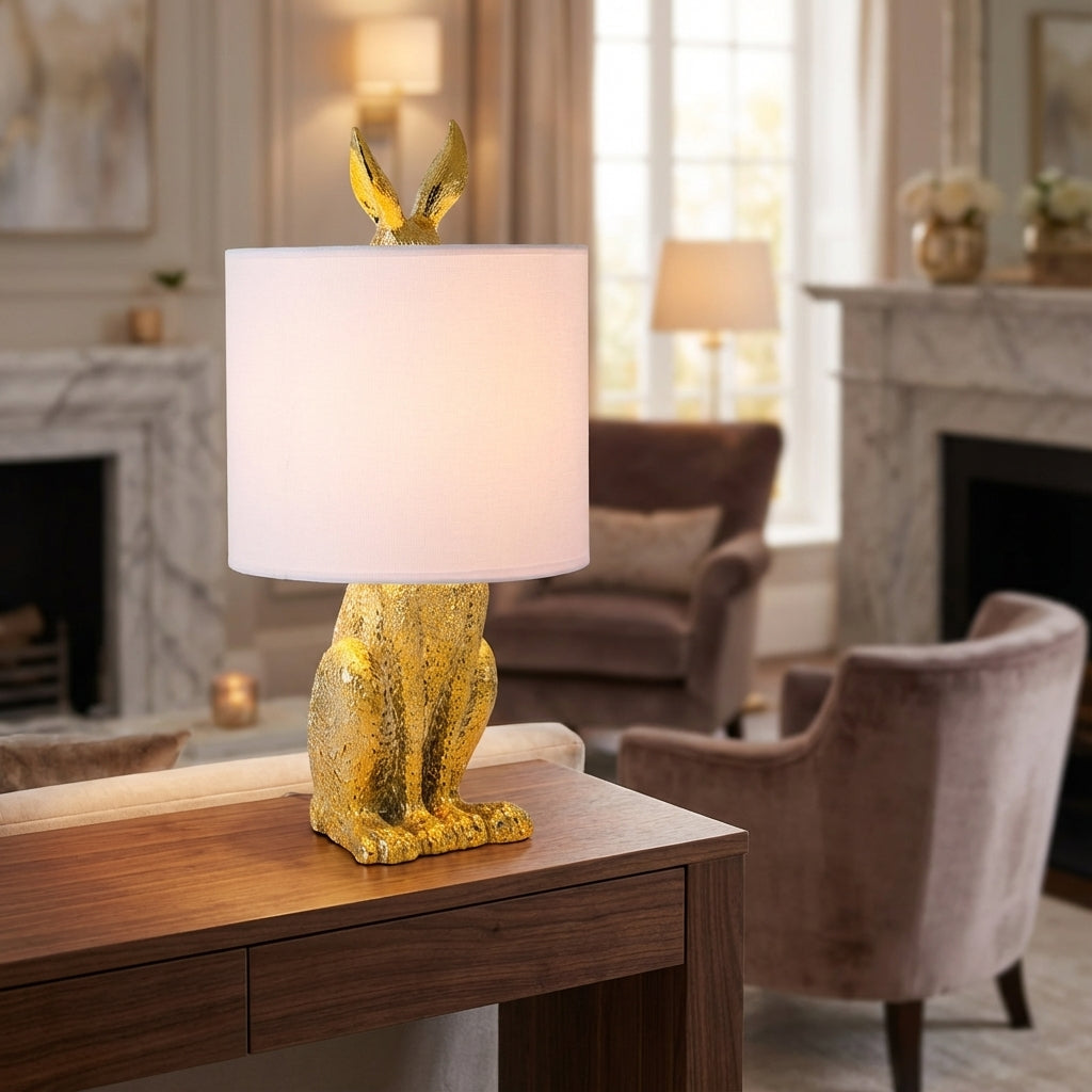 Noctebelle masked animal accent lamp. Unique resin sculpture for modern home decor, providing soft ambient light.