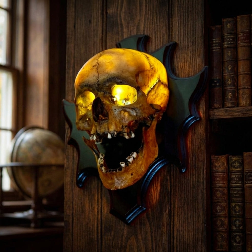 Nocturiskull Eerie Wall Mounted Skull Lamp. Gothic wall light for spooky Halloween ambiance & unique macabre decor.