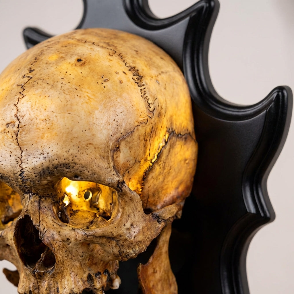 Eerie Wall Mounted Skull Lamp casting a spooky glow. Unique gothic decor, ideal Halloween lighting & macabre mood light.