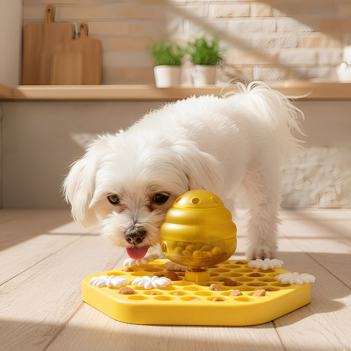 Pet enjoying food from a non-slip puzzle slow feeder dog bowl, engaging with the design