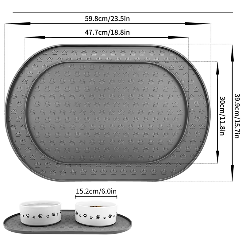 Dog feeding mat, spill-proof, dark grey, with paw print texture for pet's food and water bowls, easy-clean.