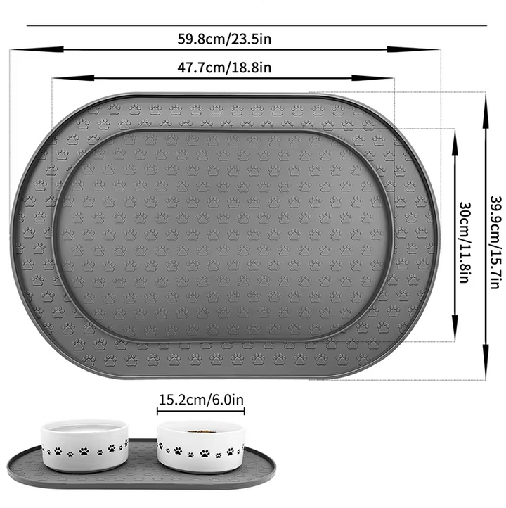Dog feeding mat, spill-proof, dark grey, with paw print texture for pet's food and water bowls, easy-clean.