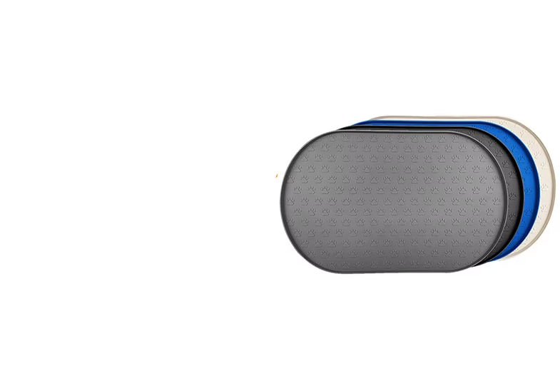 Easy-clean silicone pet mat, light grey, designed for dog feeding with spill protection, essential petcare item.