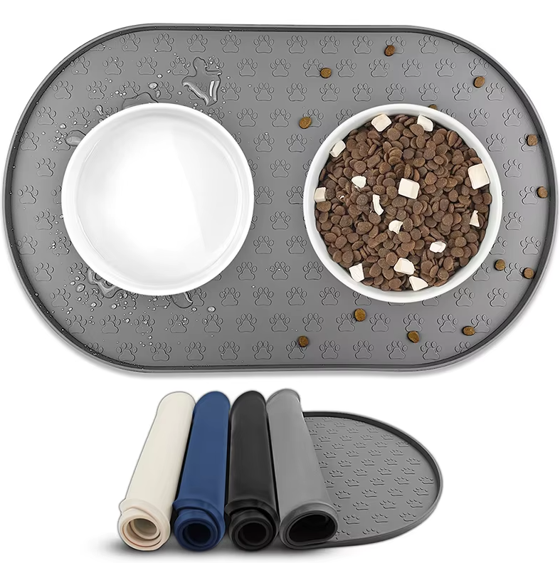 Pet food mat, non-slip and spill-proof, grey, keeping feeding area tidy for dogs, robust pet supply.