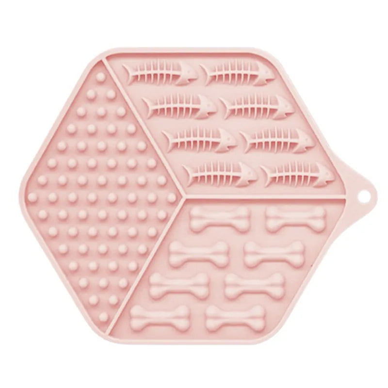 Pink silicone pet feeding mat with textured surface, ideal as a slow feeder lick mat for cats & dogs