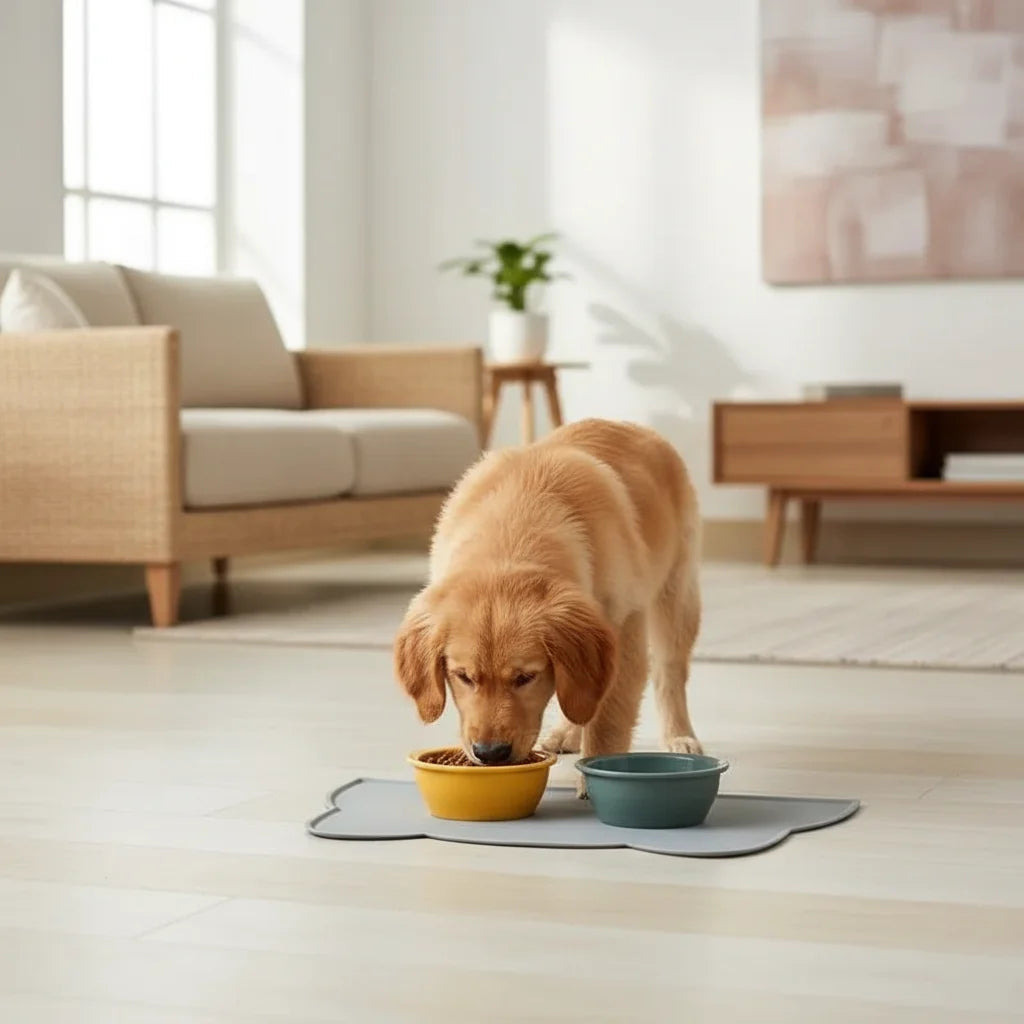 Black non-slip pet feeding mat in silicone, perfect for dog food and water bowls