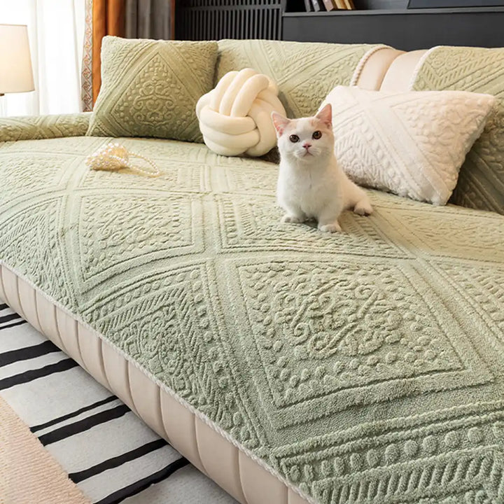 Nordic Style Carved Plush Non-Slip Sofa Cover in grey, pet-friendly sectional protector