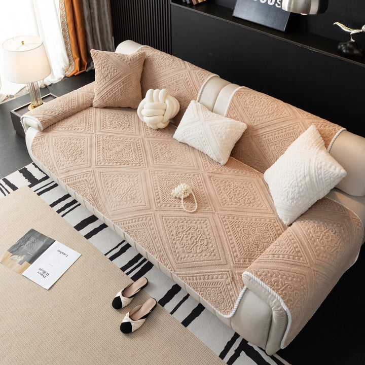 Jacquard textured plush sofa cover with anti-slip feature, in a classic Nordic design