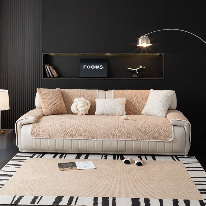 Furniture protected with a high-quality Nordic carved plush non-slip sofa cover