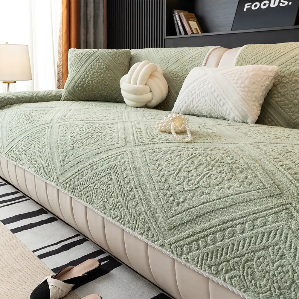 Close-up of Nordic carved plush texture on a non-slip sofa cover, jacquard pattern