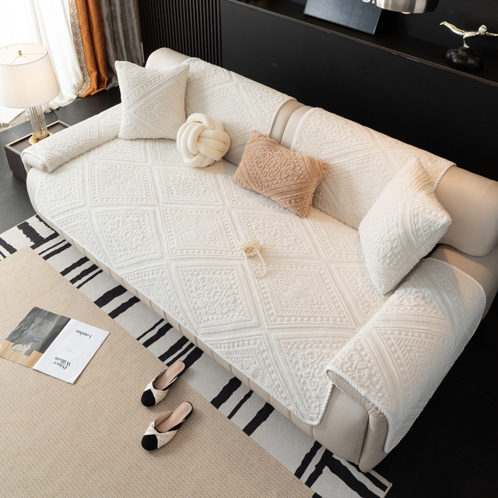 Full view of a living room with a Nordic style plush non-slip sofa cover installed