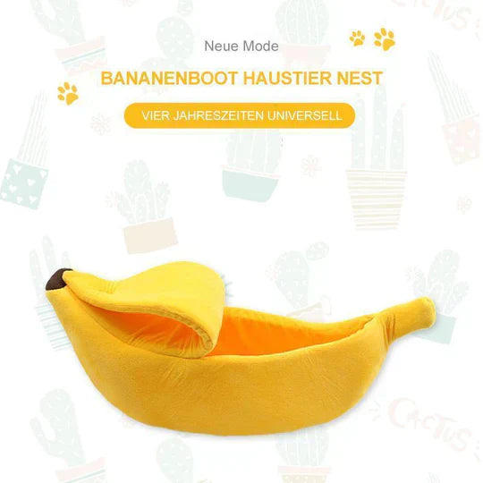 Cute banana shaped pet bed with open peel, perfect for small dogs & cats, washable design