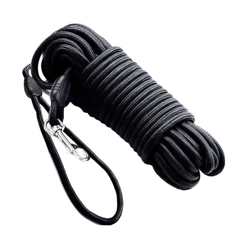 Colorful nylon dog training leash showing the ergonomic handle and strong clip.