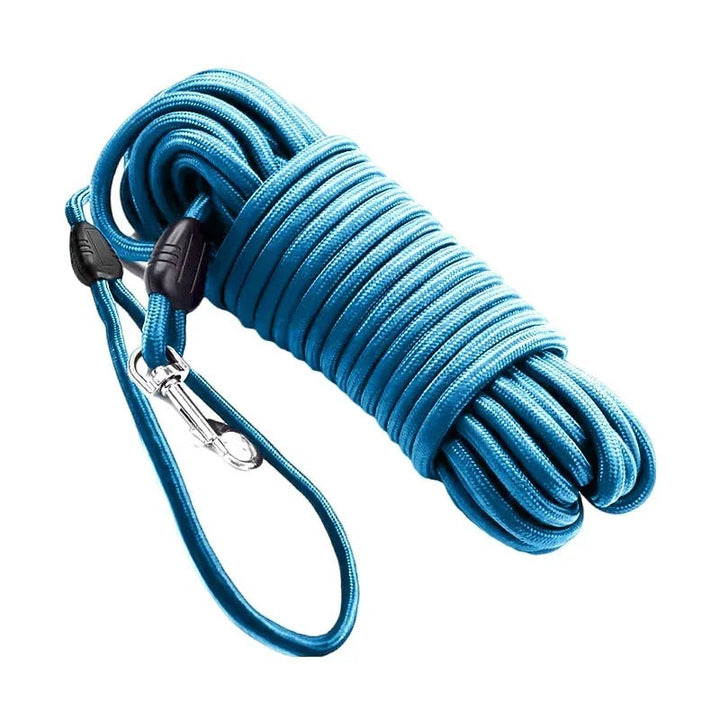 Yellow nylon training leash for dogs, featuring a non-slip ergonomic handle for firm grip.