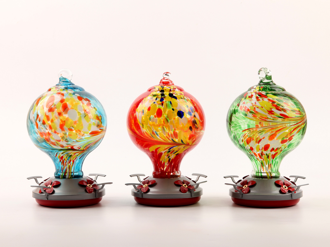 Ocean Blue Hand Blown Glass Hummingbird Feeder, a unique outdoor garden decor gift for wildlife
