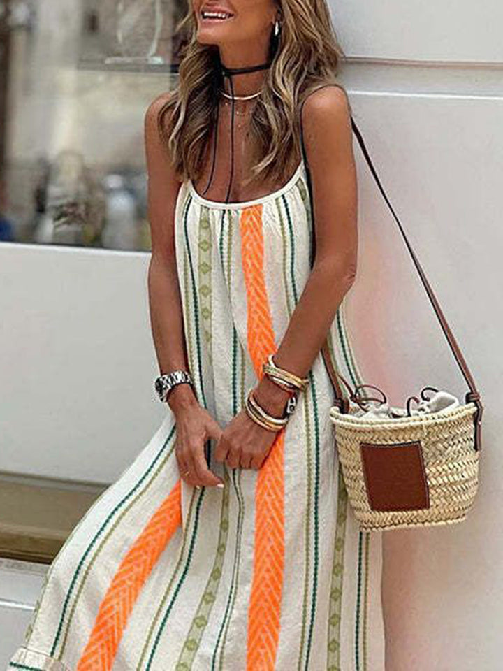 Striped A-Line midi sundress for women, an effortless boho dress with spaghetti straps, ideal for summer fashion.