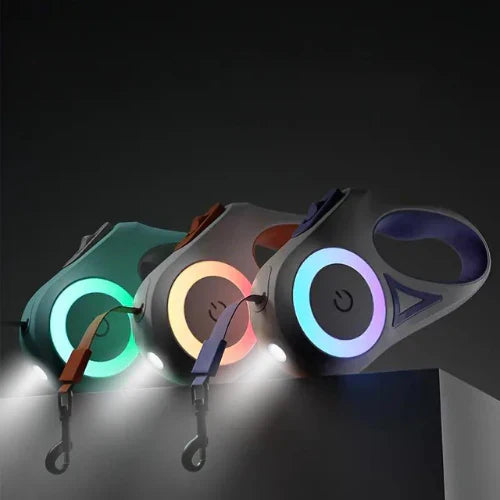 Green retractable dog leash with built-in LED light, perfect for evening pet safety
