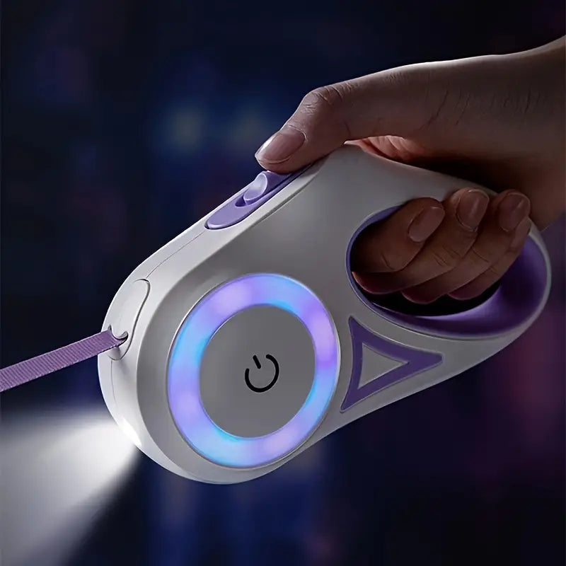 Retractable dog leash with LED light in purple, designed for optimal safety and visibility
