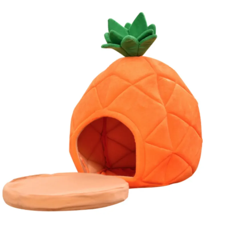 Orange pineapple pet cave, a cozy cat or small dog bed with soft cushion inside.
