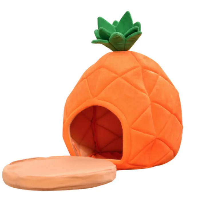 Orange pineapple pet cave, a cozy cat or small dog bed with soft cushion inside.