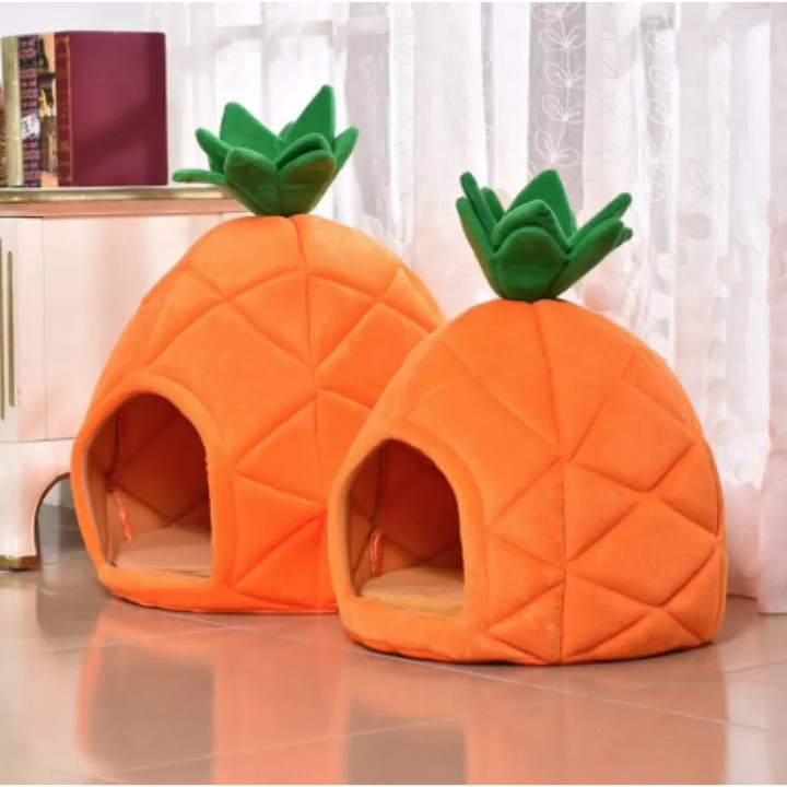 Unisex pineapple pet cave, a cute and comfortable bed for cats and small dogs, bright orange.