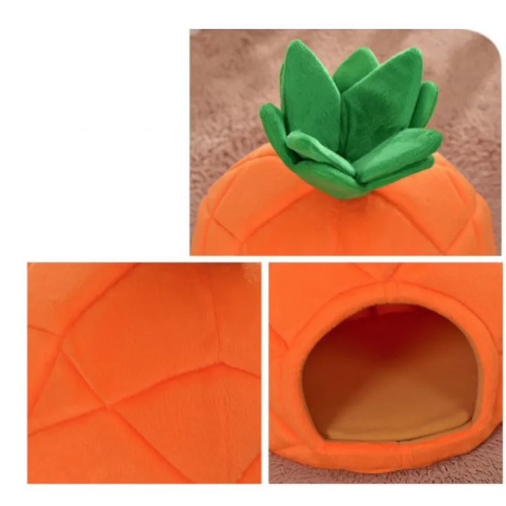 Orange pet cave with pineapple shape, a comfortable and secure bed for small pets.